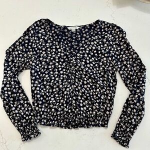 American Eagle Outfitters Black and floral ruched front top xs